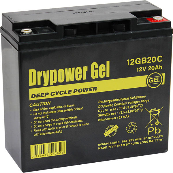 DryPower 12GB20C 12V/20Ah Gel Deep Cycle Battery - Maintenance-Free Power for Mobility Scooters & Golf Buggies