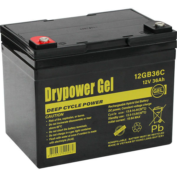 Drypower 12GB36C 12V 36Ah Deep Cycle GEL Battery for Mobility Scooters & Golf Buggies - Maintenance-Free, 432Wh