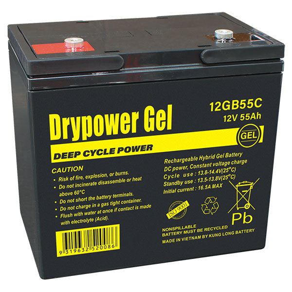 Drypower 12GB55C GEL Deep Cycle Battery 12V 55Ah Maintenance-Free Power for Mobility Scooters & Golf Buggies