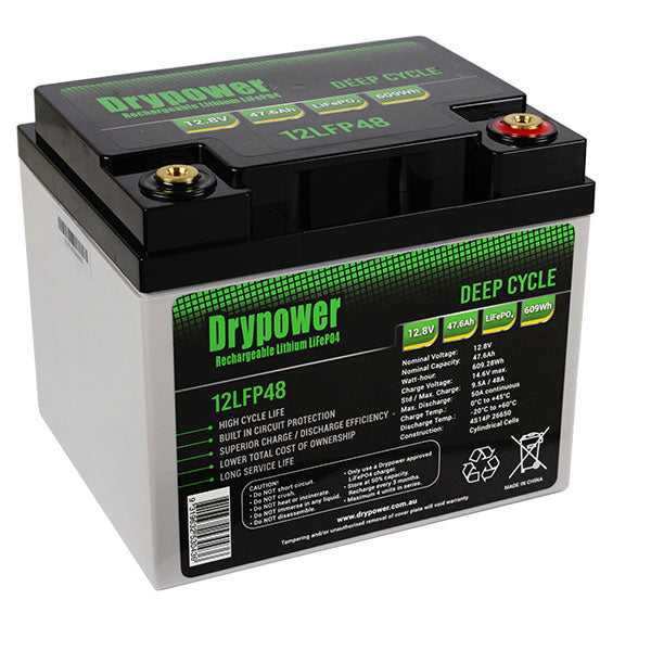 Drypower 12LFP48 LiFePO4 Deep Cycle Battery 47.6Ah, 12.8V, 609.3Wh - Lightweight Powerhouse for RV, Marine & Solar