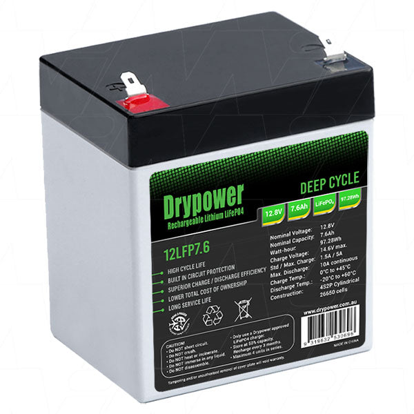 Drypower 12LFP7.6 LiFePO4 Deep Cycle Battery 12.8V 7.6Ah Lightweight Lithium Power for Solar, Marine & RV Applications
