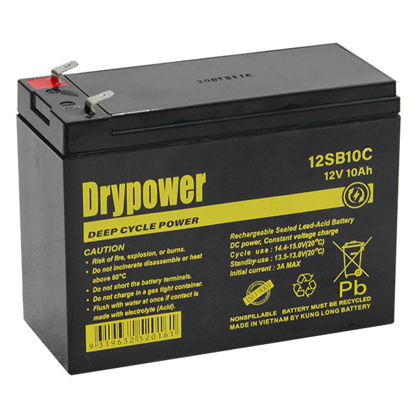 DryPower 12V 10Ah SLA Battery - UPS, Security, Emergency Lighting - Long Life, Sealed Design