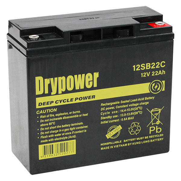 DryPower 12SB22C Sealed Lead Acid Battery 22Ah, 12V, 264Wh Maintenance-Free Backup Power for UPS, Security & Industrial Use