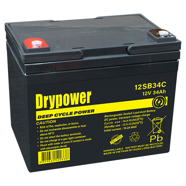Drypower 12SB34C 12V 34Ah Sealed Lead Acid Battery Professional-Grade Backup & Cyclic Power Solution for UPS, Emergency & Industrial Systems