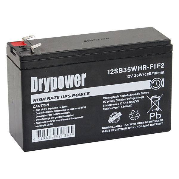 Drypower 12SB35WHR-F1F2 12V 6.6Ah SLA Battery High-Rate UPS Backup Power, F1F2 Terminals, Maintenance-Free Design