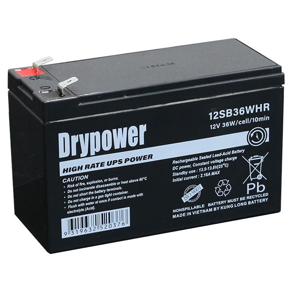 Drypower 12SB36WHR 12V 7Ah Sealed Lead Acid Battery High-Rate UPS Backup Power, Maintenance-Free Design, Compact Size for Critical Applications