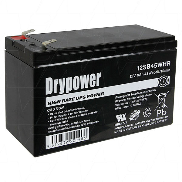 Drypower 12SB45WHR 12V 9Ah Sealed Lead Acid Battery High-Rate UPS Backup Power, Maintenance-Free Design, Compact Size for Critical Applications
