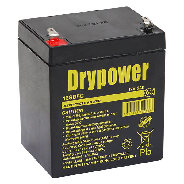 Drypower 12SB5C 12V 5Ah Sealed Lead Acid Battery Maintenance-Free Cyclic Power for UPS, Emergency Lighting & Security Systems