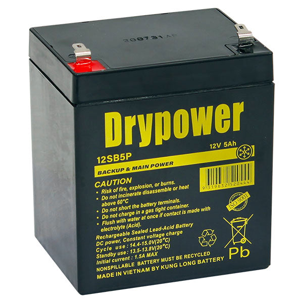 Drypower 12SB5P 12V 5Ah Sealed Lead Acid Battery - Compact, Maintenance-Free Power for UPS, Emergency & Security Systems