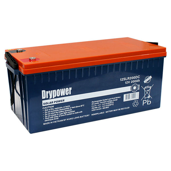 Drypower 12SLR200DC 200Ah Deep Cycle Solar Battery - Sealed Lead Acid, Maintenance-Free, 2400Wh for Off-Grid Systems