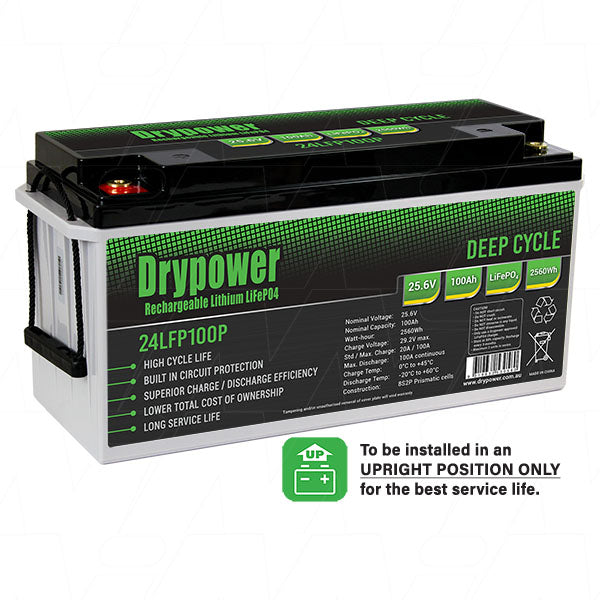 DryPower 24LFP100P LiFePO4 Deep Cycle Battery 25.6V 100Ah 2560Wh for RV, Marine & Solar - Lightweight 21.2kg