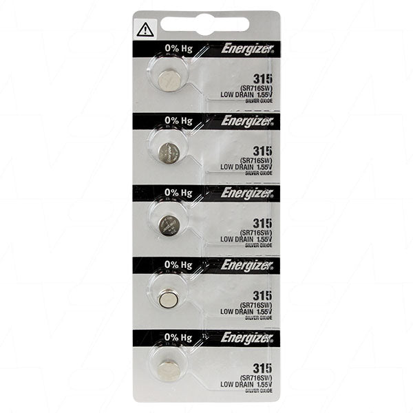 Energizer 315TZ-BP5 Silver Oxide Button Cell Battery Pack - 1.55V, 23mAh, for Watches & Medical Devices (5-Pack)