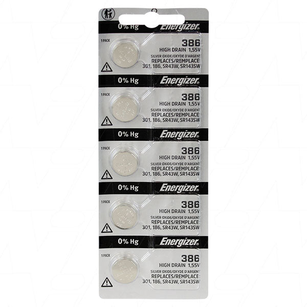 Energizer 386/301TZ-BP5 1.55V Silver Oxide Watch Battery - 110mAh, Long-Lasting Power for Precision Devices