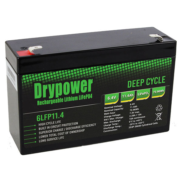 Drypower 6LFP11.4 LiFePO4 Battery 6.4V 11.4Ah Lightweight Powerhouse for Mobile & Marine, 73Wh Capacity, 600g