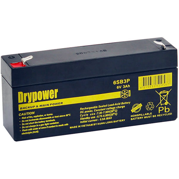 Drypower 6SB3P 6V 3Ah Sealed Lead Acid Battery Maintenance-Free, Compact Power for Emergency Lighting & UPS Backup (134x59mm)