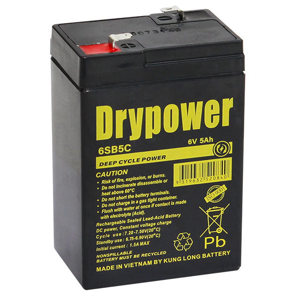 Drypower 6SB5C 6V 5Ah Sealed Lead Acid Battery - Maintenance-Free, Cyclic Use, Compact Design for Industrial & Emergency Applications