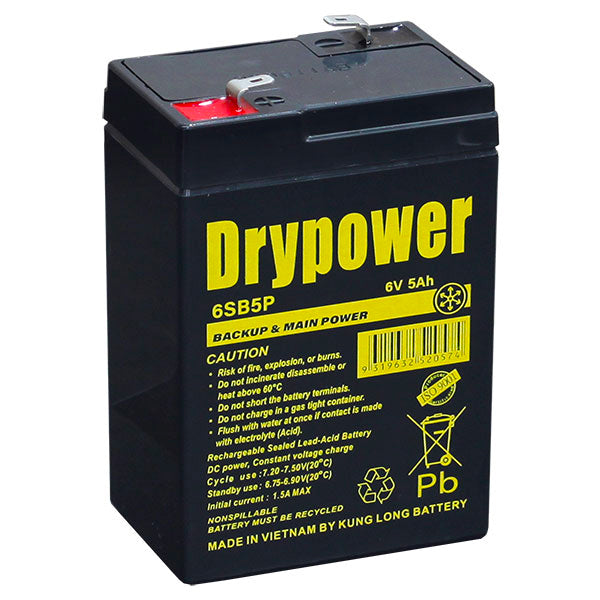 Drypower 6SB5P 6V 5Ah Sealed Lead Acid Battery Compact, Maintenance-Free Backup Power for Emergency & Security Systems