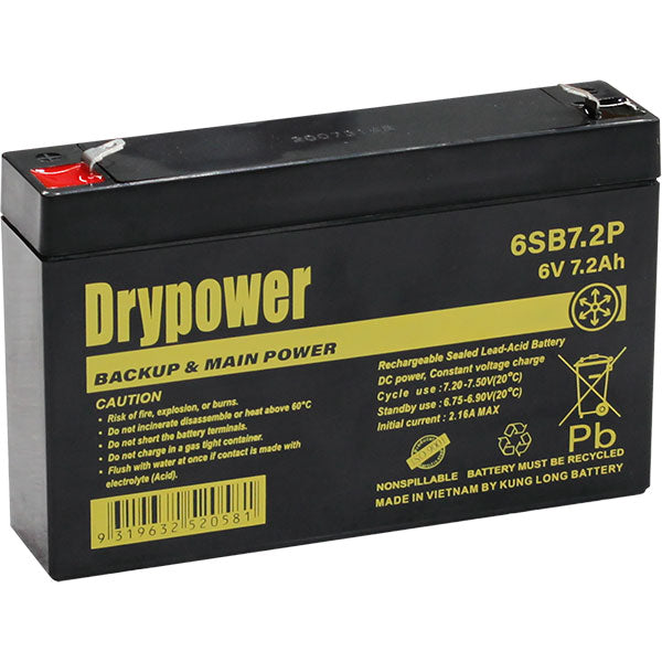 Drypower 6SB7.2P 6V 7.2Ah Sealed Lead Acid Battery for Emergency Lighting, Security & UPS Backup Power