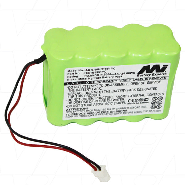 MI Battery Experts ARB-10HR1551YC 12V 2Ah NiMH Battery Pack for Siemens Outdoor Sirens - 24Wh, 286g, 72.2x51mm