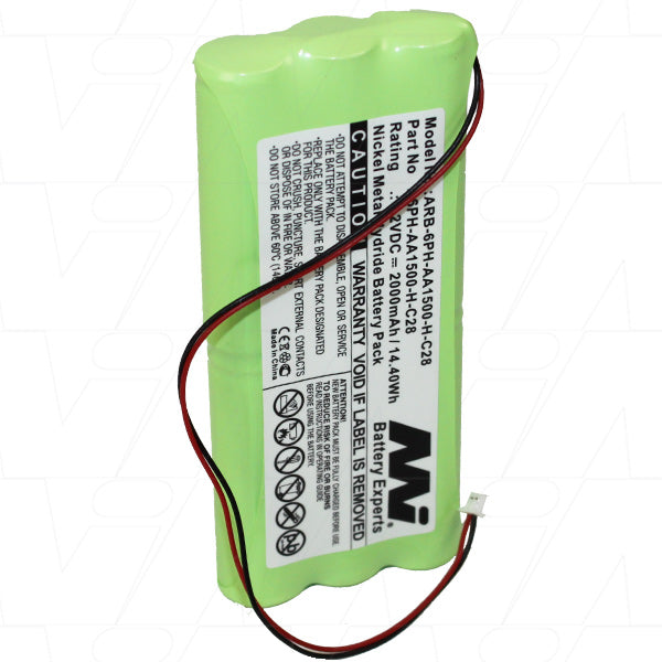 ARB-6PH-AA1500-H-C28 NiMH Battery Pack 7.2V 2Ah Outdoor Security Siren Power Supply, Weather-Resistant, 14.4Wh, 166g