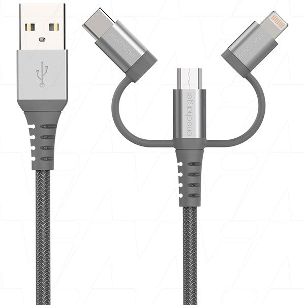 Enecharger CDC-A23WAY Universal 3-in-1 Charging Cable Lightning, Micro USB & USB-C, 30.5g Lightweight, USB-A Base