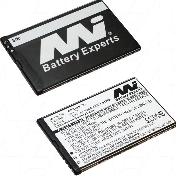 Professional-Grade MI Battery Experts CPB-BP-3L-BP1 Lithium-Ion Mobile Phone Battery - 3.7V, 1.3Ah, 4.8Wh, Slim 4mm Profile