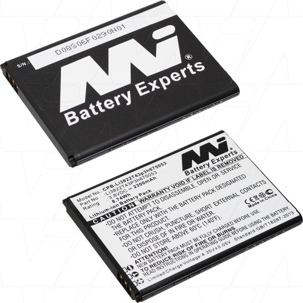 MI Battery Experts CPB-Li3822T43P3h675053-BP1 High-Capacity 2.3Ah Lithium-Ion Smartphone Battery for All-Day Power, 3.8V, 8.7Wh, Ultra-Light 40g