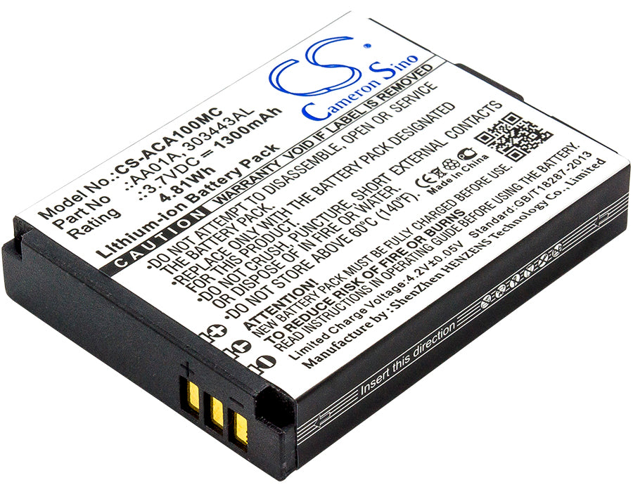 1300mAh Battery for ACTIVEON LX DX LKA10W-B CX GOLD Action Camera - 3.7V Li-ion Replacement AA01A