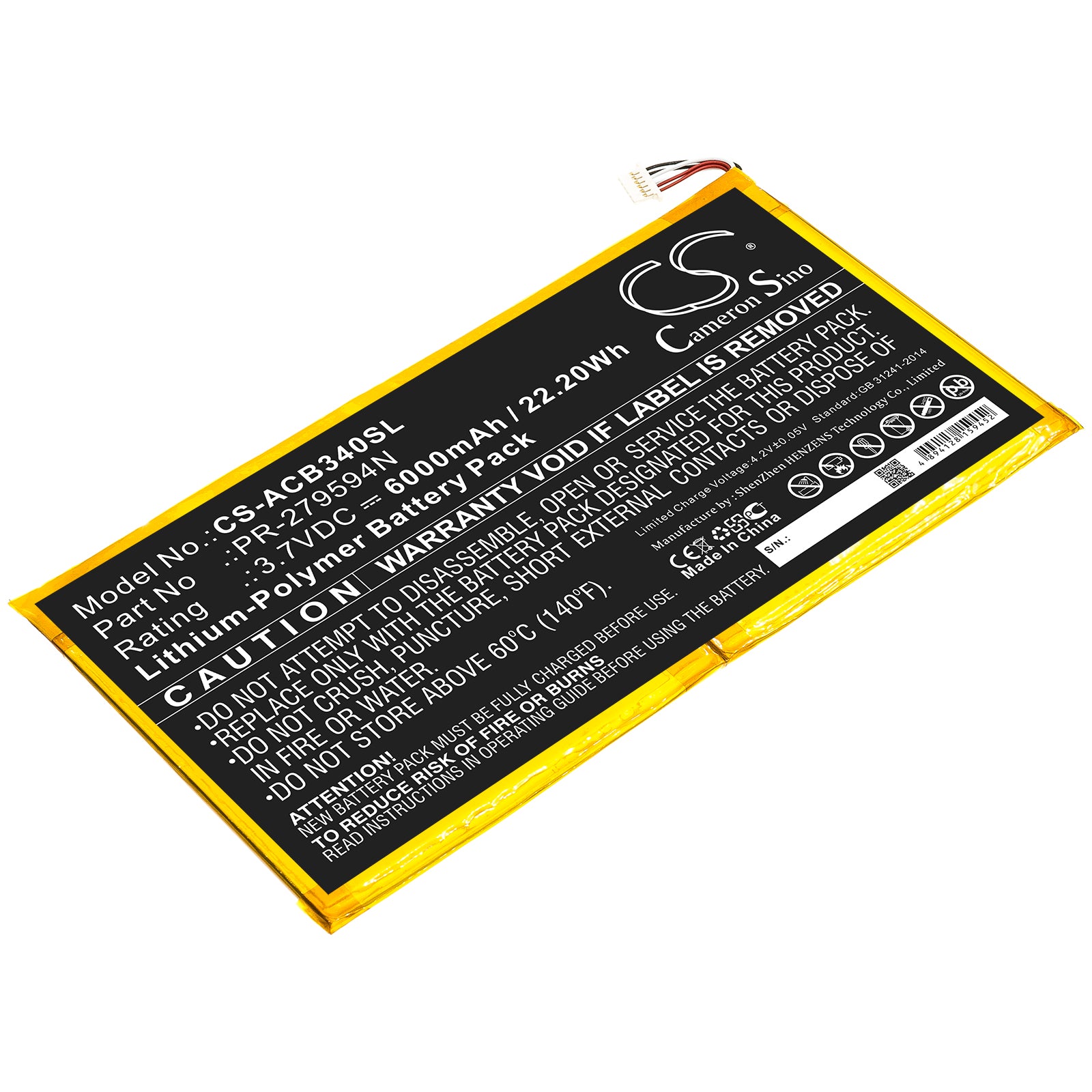 6000mAh Replacement Battery for Acer Iconia One 10 B3-A40 Tablet - 3.7V 22.2Wh Li-Polymer - PR-279594N