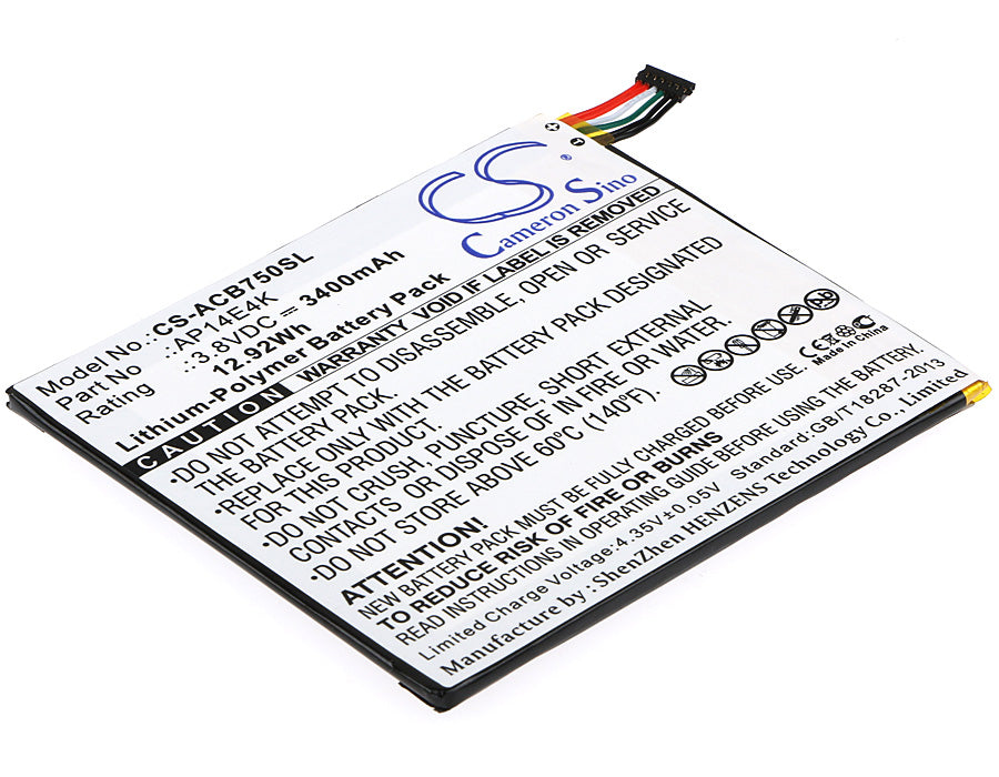 3400mAh Replacement Battery for Acer Iconia One 7 B1-750 Tablet - AP14E4K, AP14E8K - 3.8V 12.92Wh