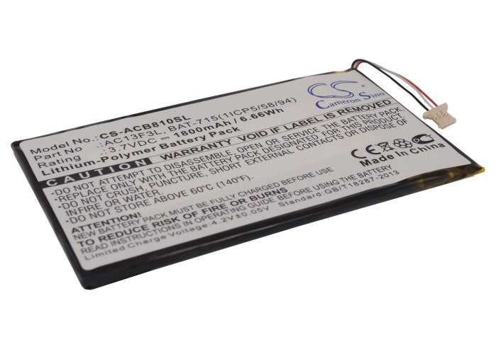 1800mAh Replacement Battery for Acer Iconia B1-A71 Tablet - 3.7V Li-Polymer, BAT-715, KT.0010G.002D