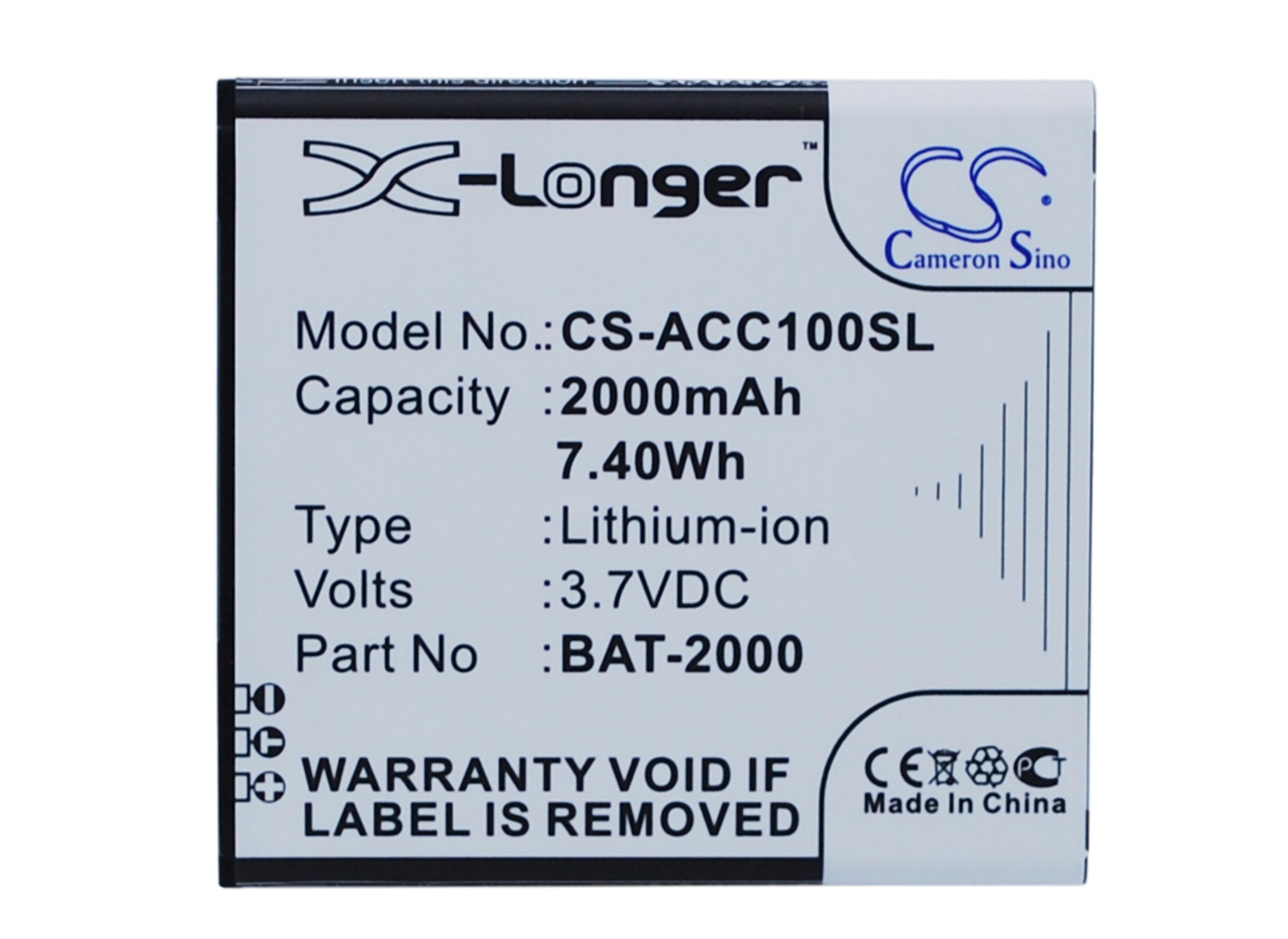 2000mAh Replacement Li-ion Battery for Acer Liquid C1 Smartphone - BAT-2000 Compatible - 3.7V 7.4Wh 60.45x55.61x4.8mm