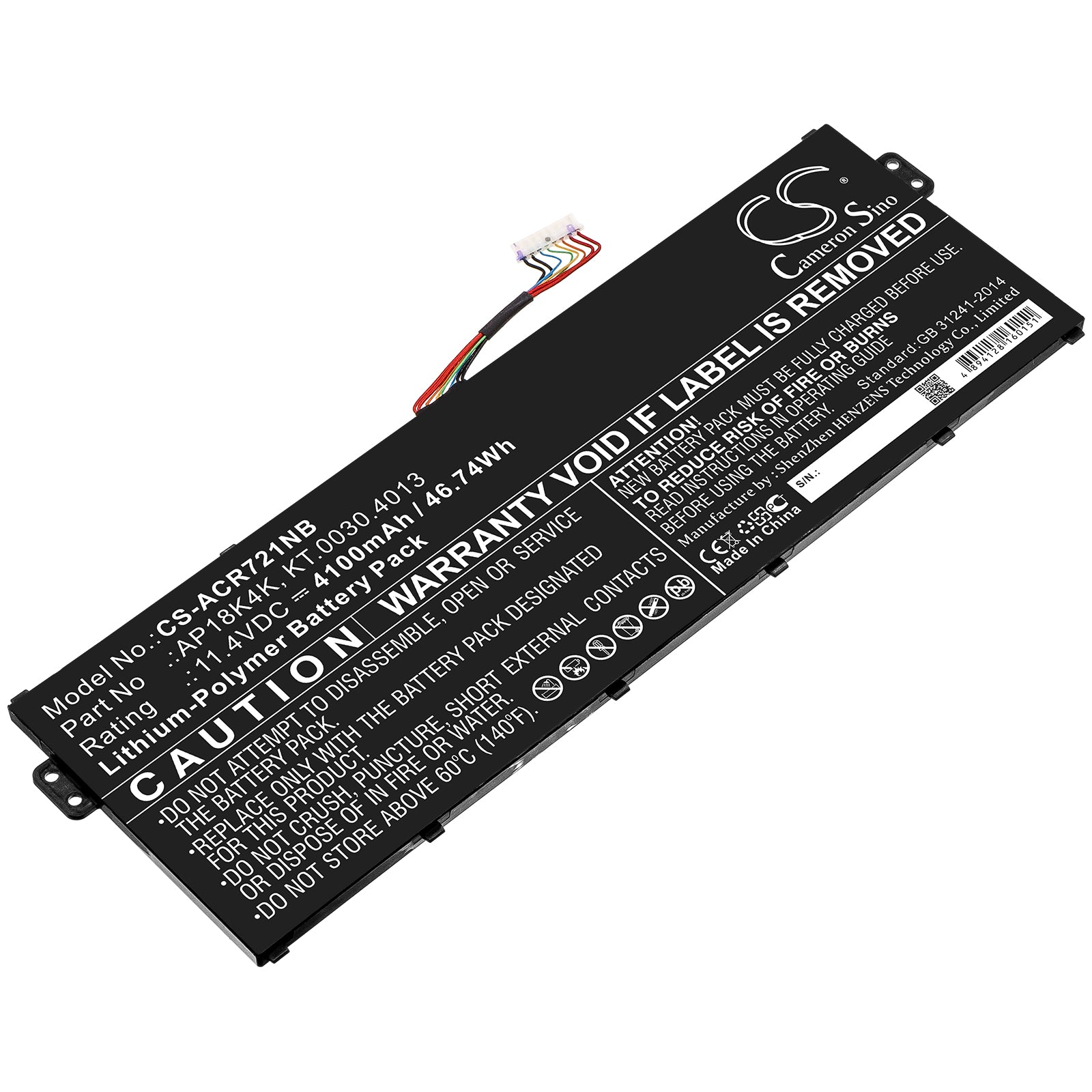 4100mAh Replacement Battery for Acer Chromebook 311 - 11.4V 46.74Wh - AP18K4K, KT.0030.4013 - Li-Polymer Laptop Battery