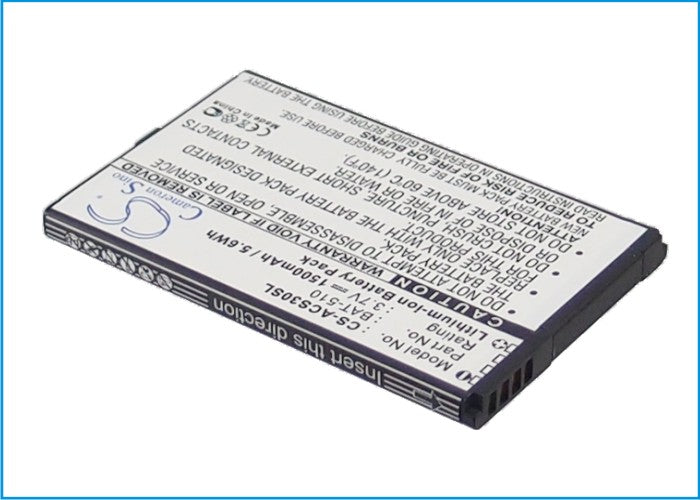 1500mAh Replacement Battery for Acer Iconia Smart S300 Phone - 3.7V Li-ion BAT-510, 66x42x5mm