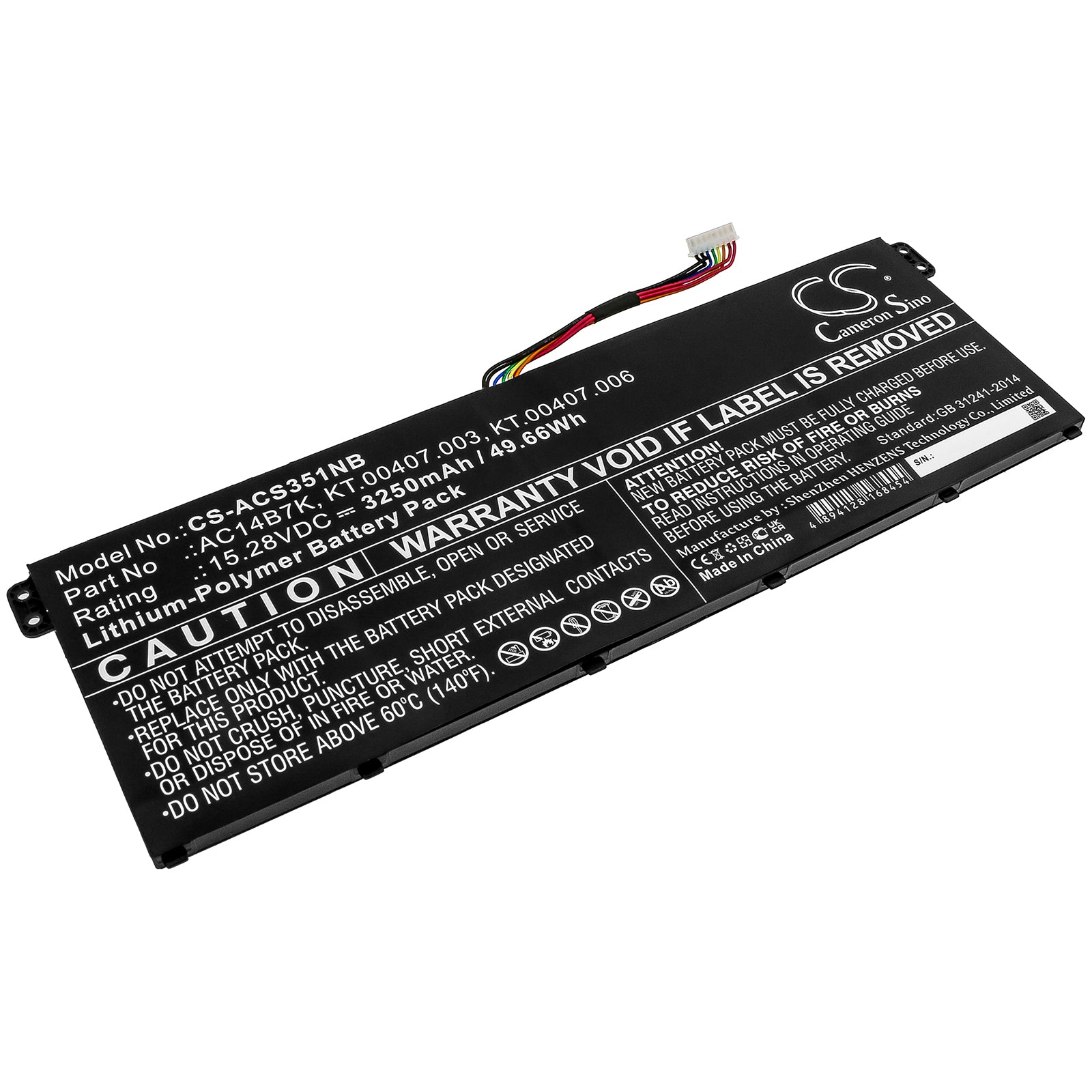 49.66Wh 3250mAh Battery for Acer Spin, Swift, Aspire, Nitro, Predator Laptops - AC14B7K, KT.00407.003 - Replacement
