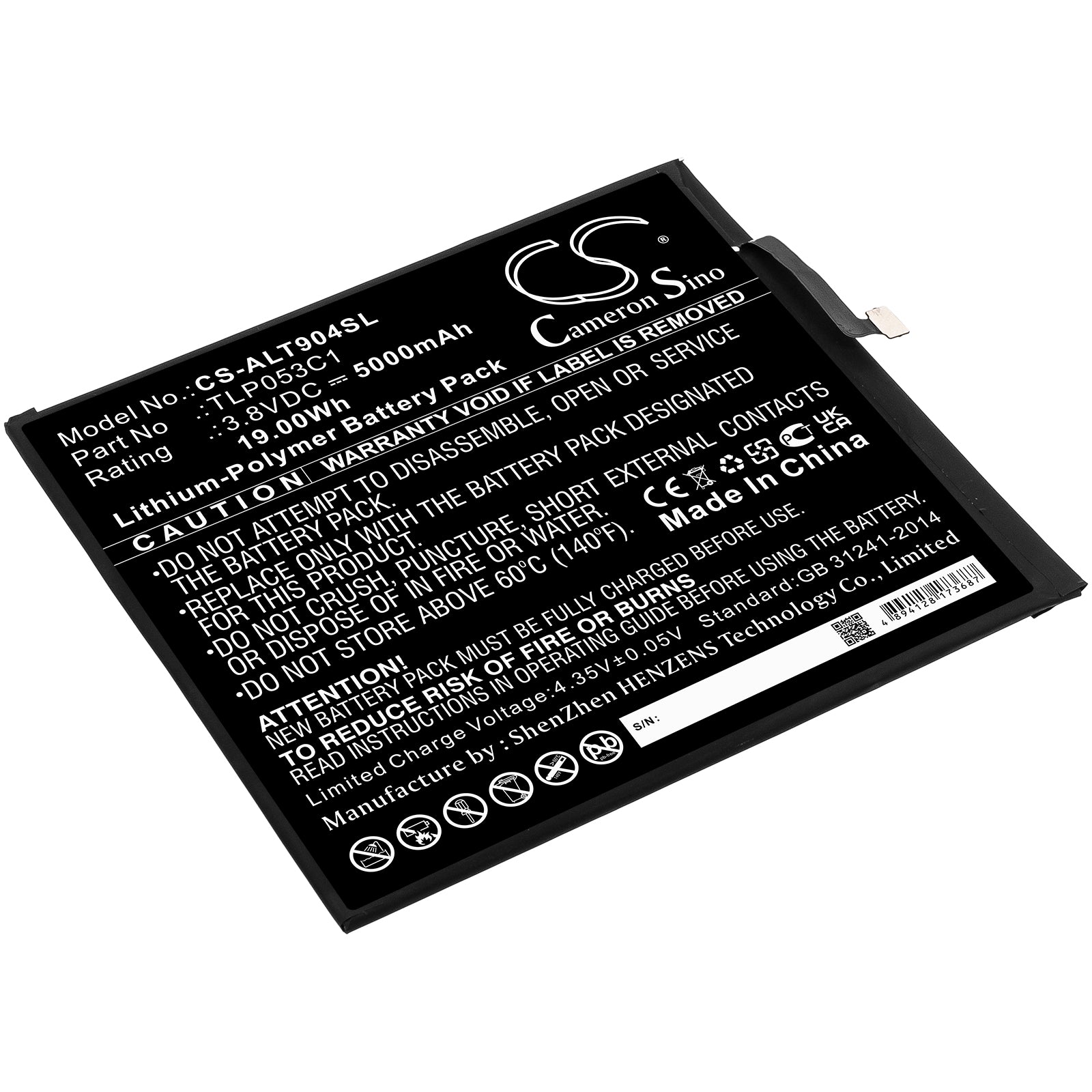 5000mAh Replacement Battery for Alcatel Tab 8 (9048S) Tablet - 3.8V 19Wh Li-Polymer TLP053C1