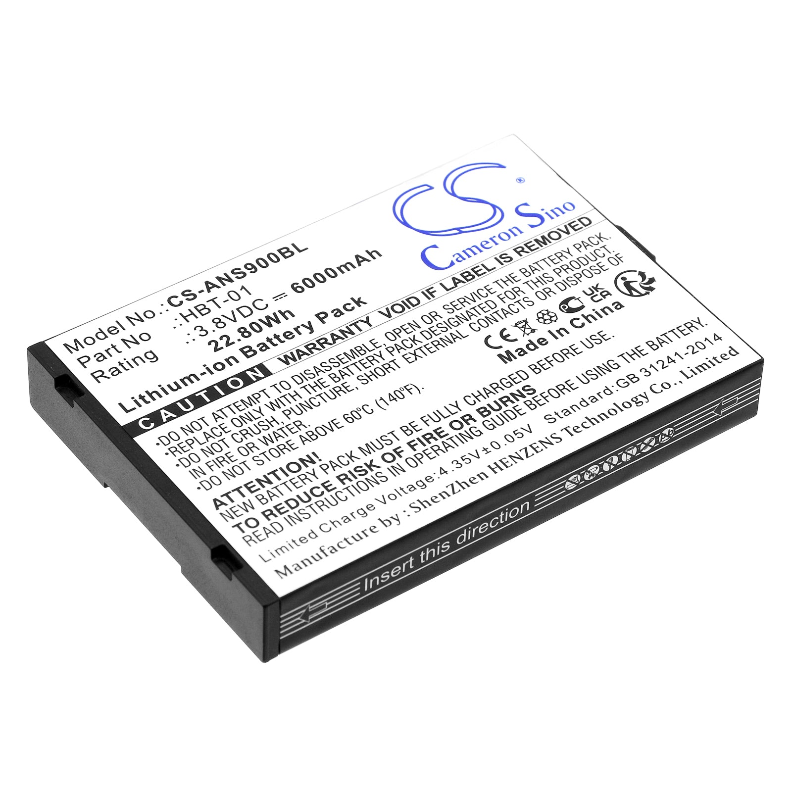 6000mAh Replacement Battery for Aisino A90 Payment Terminal - 3.8V Li-ion, HBT-01, 89.5x62.1x12mm