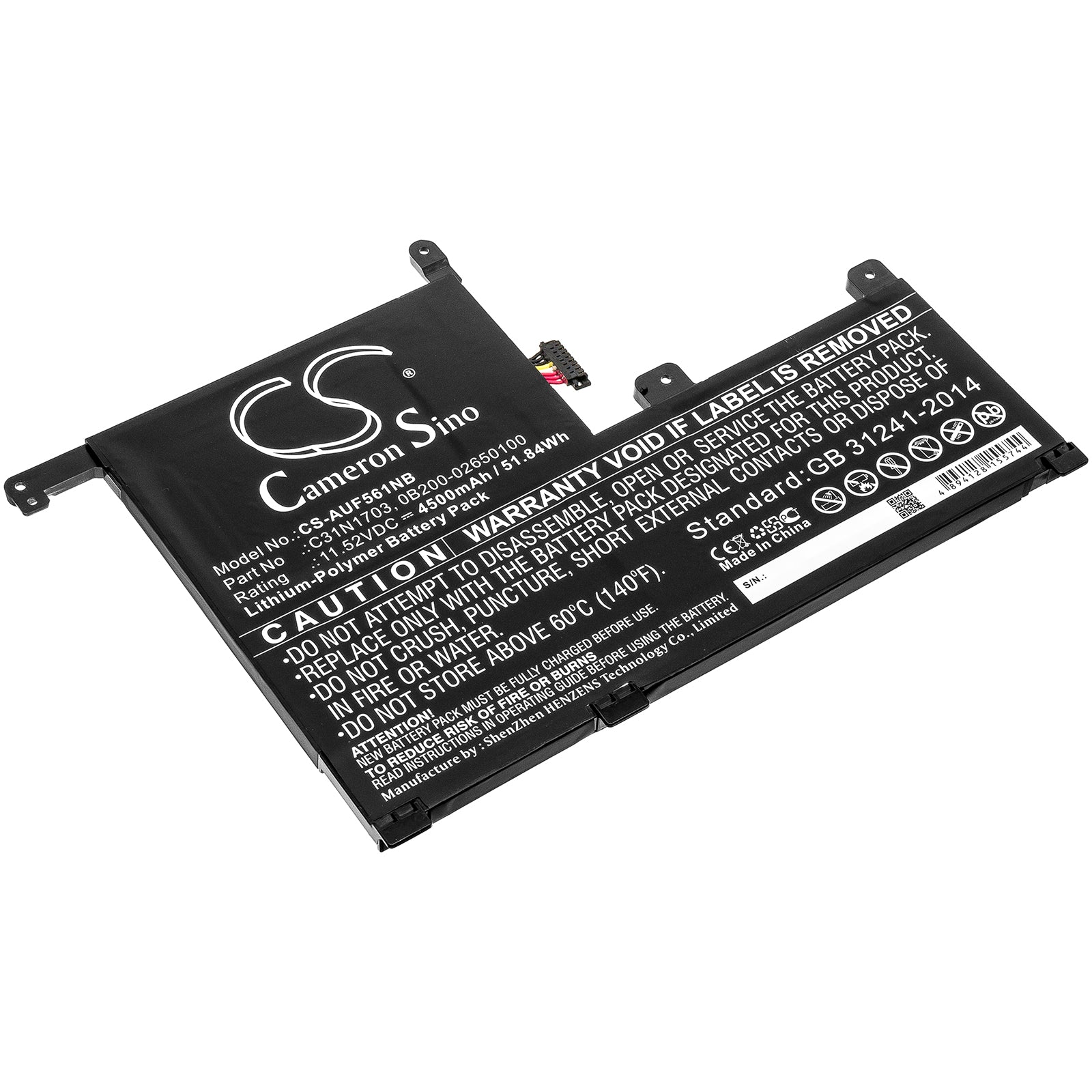 51.84Wh 4500mAh Laptop Battery for Asus ZenBook Flip UX561 Series - C31N1703, 0B200-02650100 Replacement Power