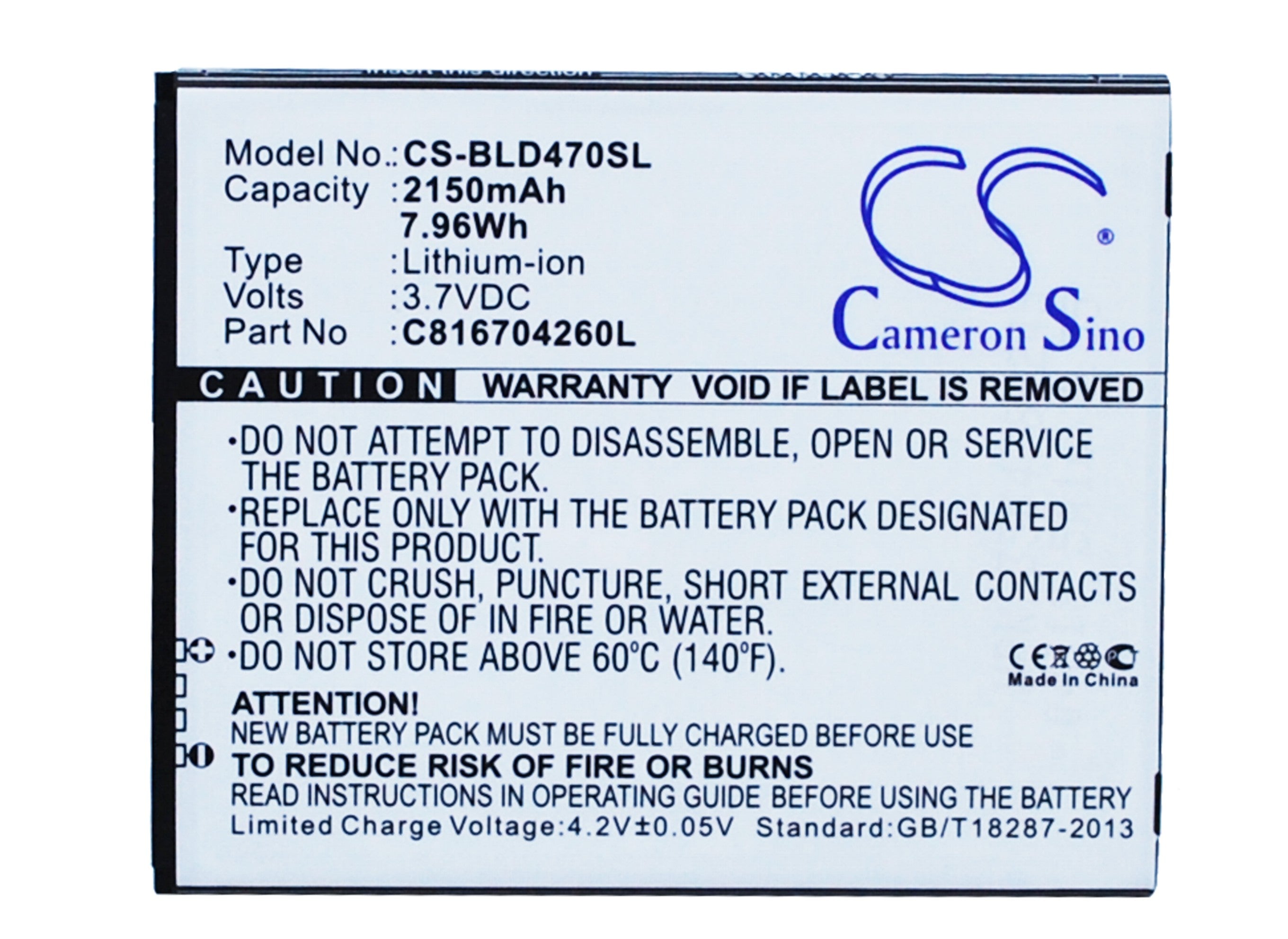 2150mAh Replacement Battery for BLU Dash 5.5 D470, D470U, D470L Smartphones - 3.7V Li-ion