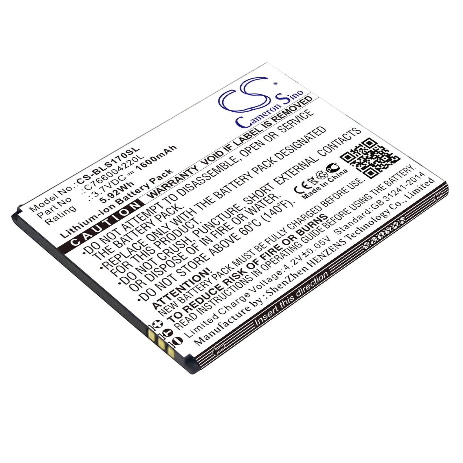 1600mAh Replacement Battery for BLU Studio G HD & S170 - 3.7V Li-ion - C766004220L Compatible