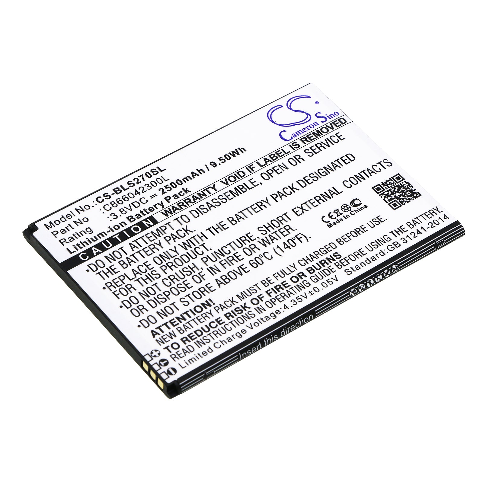 2500mAh Replacement Battery for BLU Studio C 8.8 S270Q - 3.8V Li-ion Mobile Phone Battery, Model C866042300L