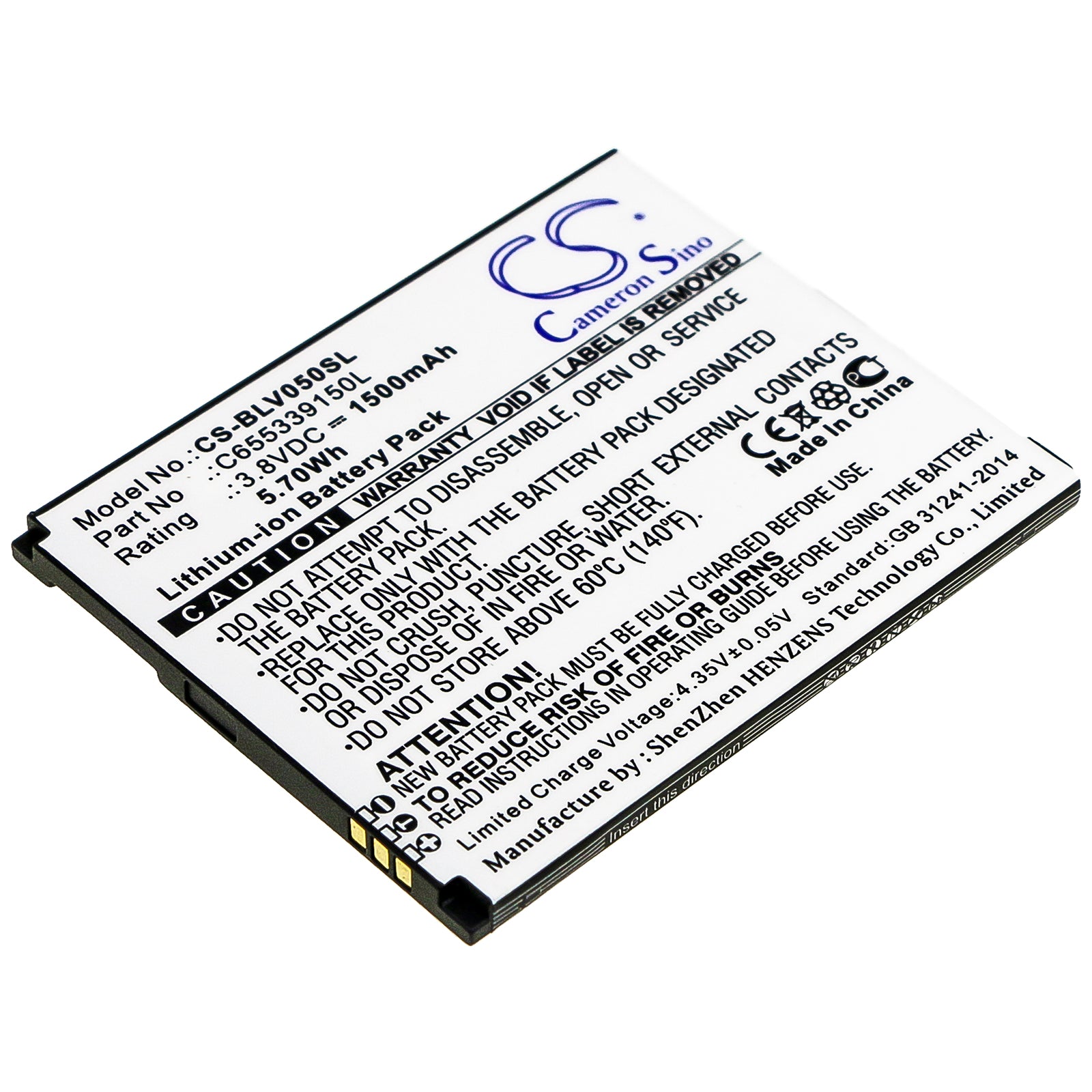 1500mAh Replacement Battery for BLU Vivo 5 Mini V050 Smartphone, 3.8V Li-ion BLU64.60 x 53.04 x 4.00mm