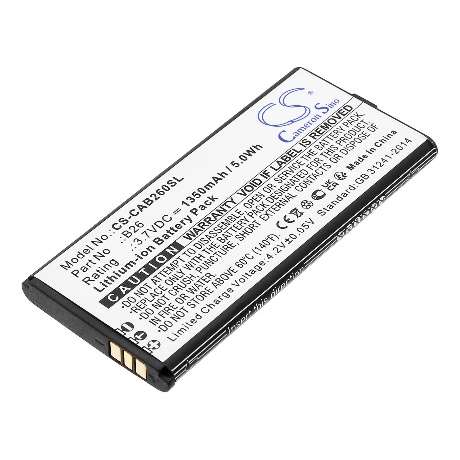 CAT B26 Replacement Battery - 1500mAh - Mobile Phone - 3.7V Li-ion - 80.4x37.9x5.8mm