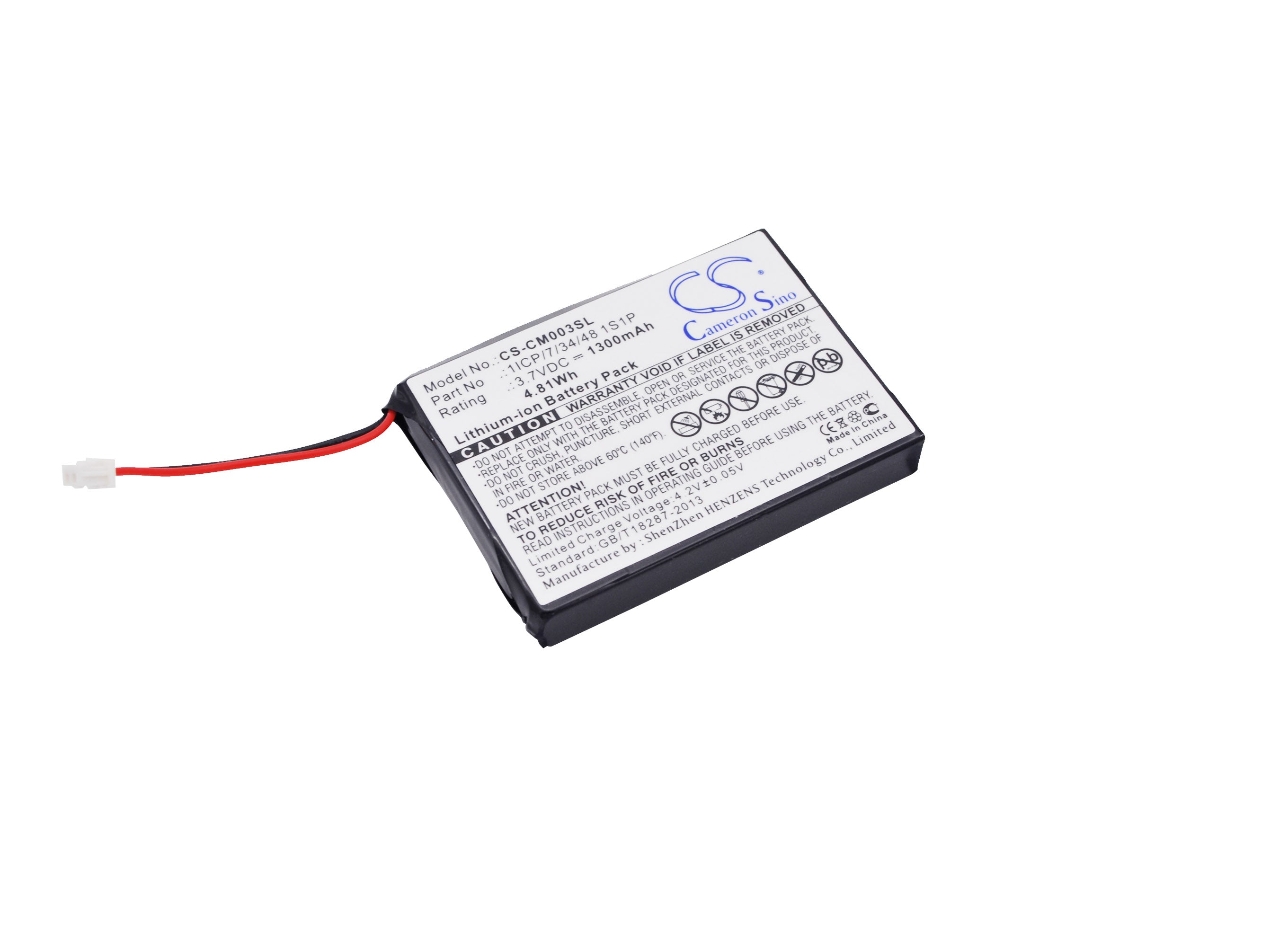 Custom 3.7V 4.81Wh Li-ion Battery Pack - 48.6x36.04x7.4mm, 1ICP/7/34/48 1S1P - Wearable Device/IoT Power