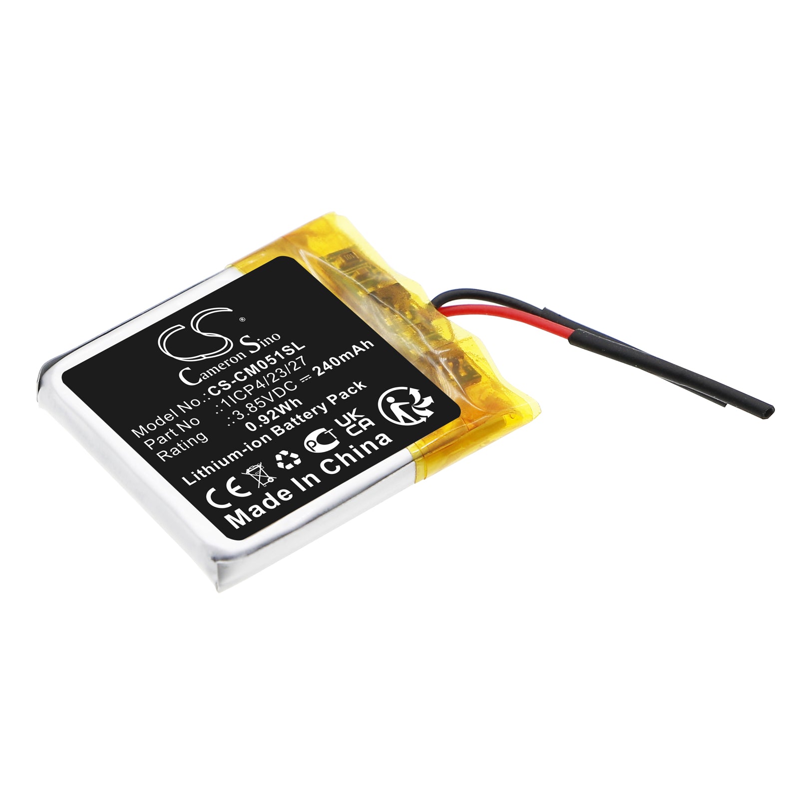 Custom 0.92Wh Li-Polymer Battery Pack - 3.85V, 27.6x23x4mm, 1ICP4/23/27, Wearable Device Power