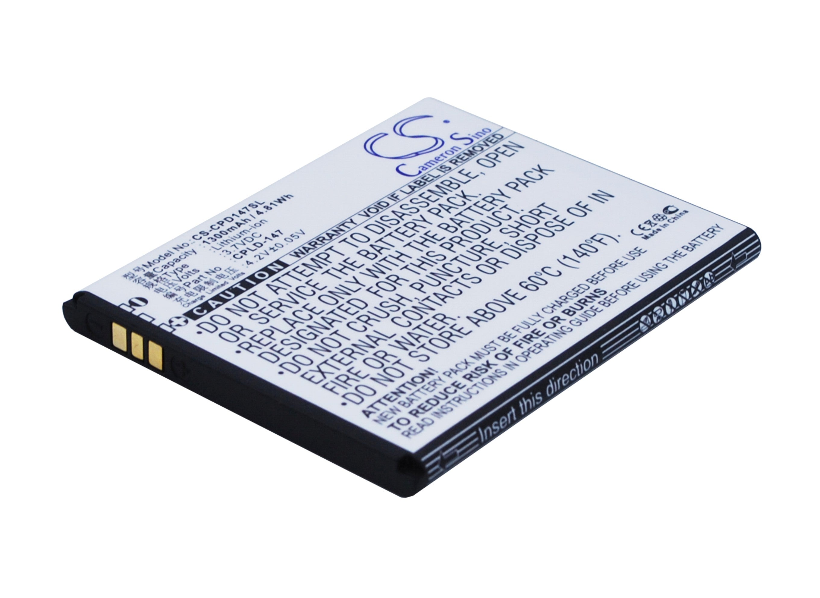 Coolpad 8029 Smartphone Battery - 1300mAh Replacement Li-ion (3.7V, 4.81Wh, 61.73x50.90x4.60mm) - Power Solution