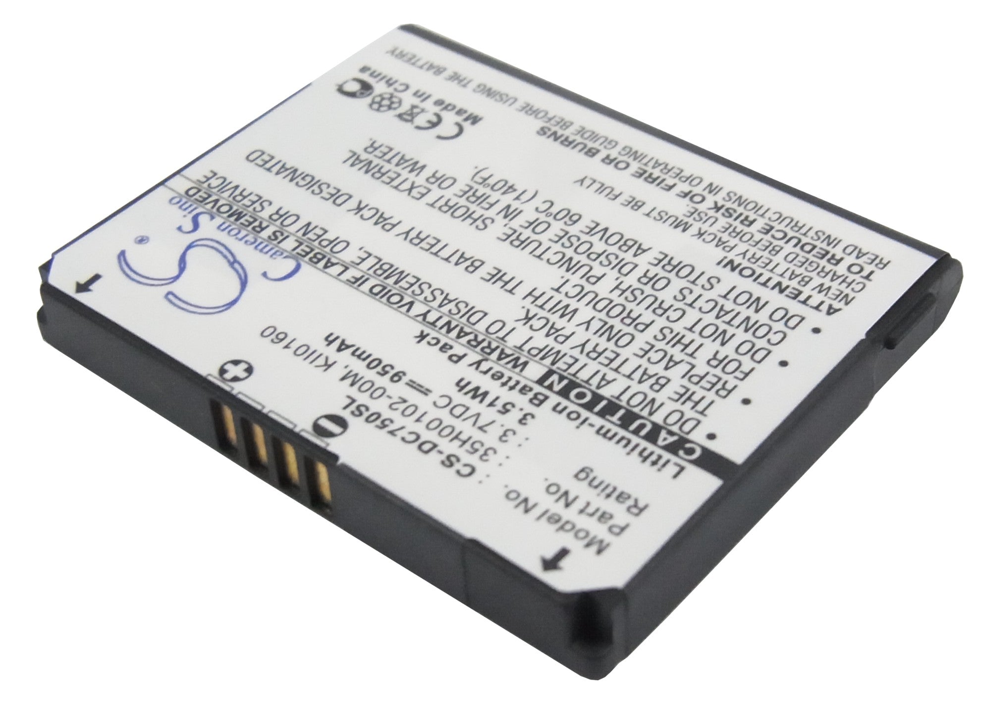 950mAh Li-ion Battery for HTC Shadow, Vodafone 920, DOPOD C750 Mobile - 3.7V 3.52Wh Replacement