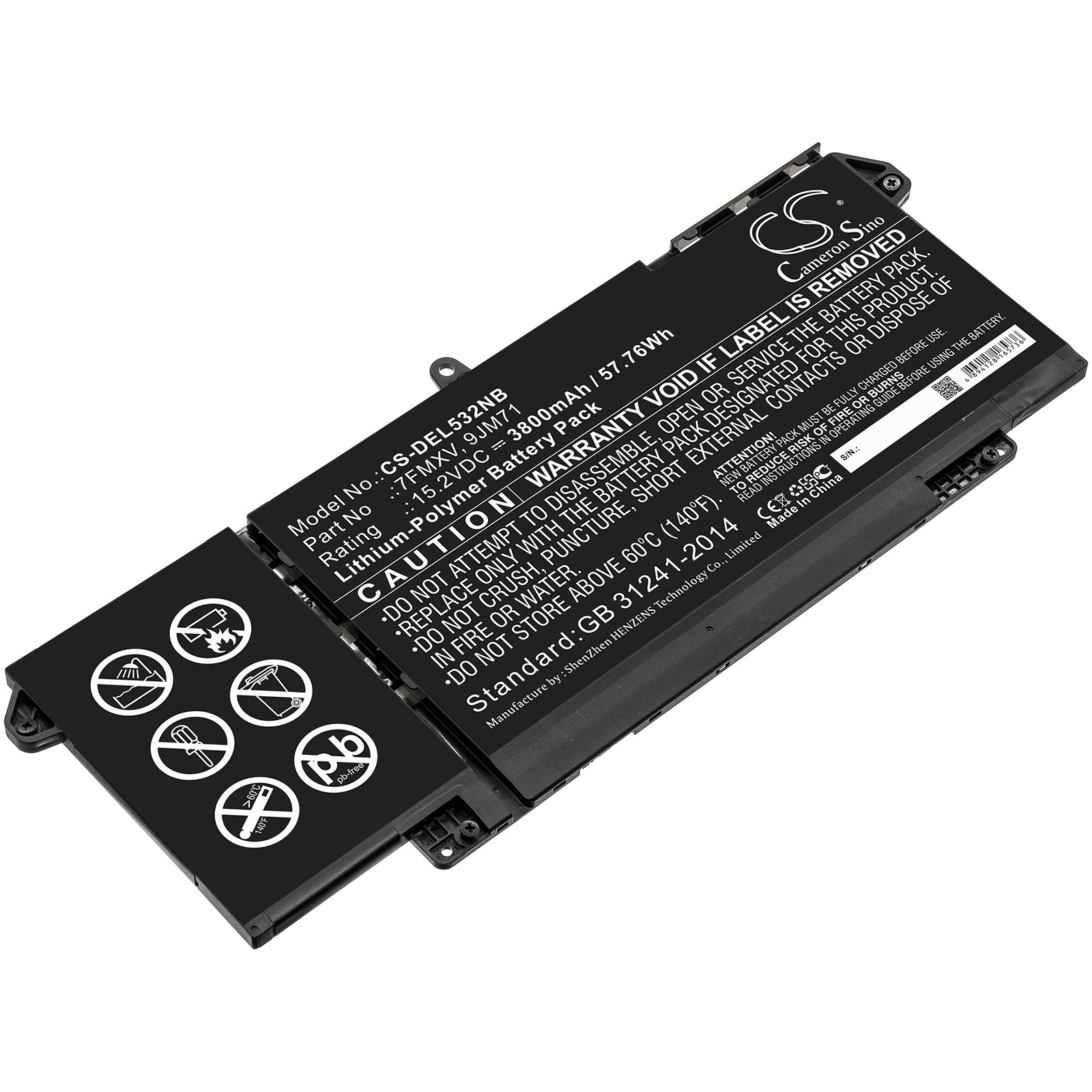 3800mAh Laptop Battery for Dell Latitude 5320, 7320, 7420, 7520 - 15.2V 57.76Wh Replacement Li-Polymer Battery - 2JJNR, 9PC7G, 7FMXV