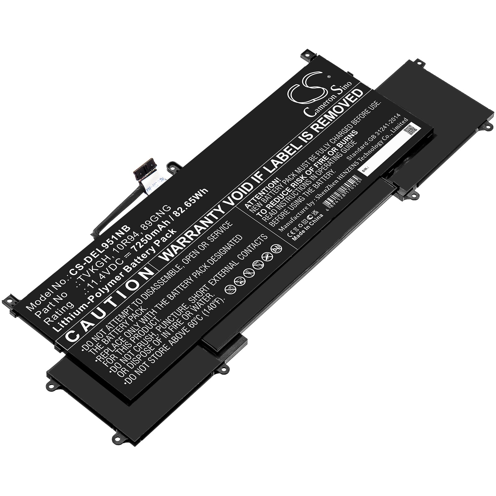 7250mAh Battery for DELL Latitude 9510 2-in-1 Laptop - 82.65Wh 11.4V Li-Polymer Replacement