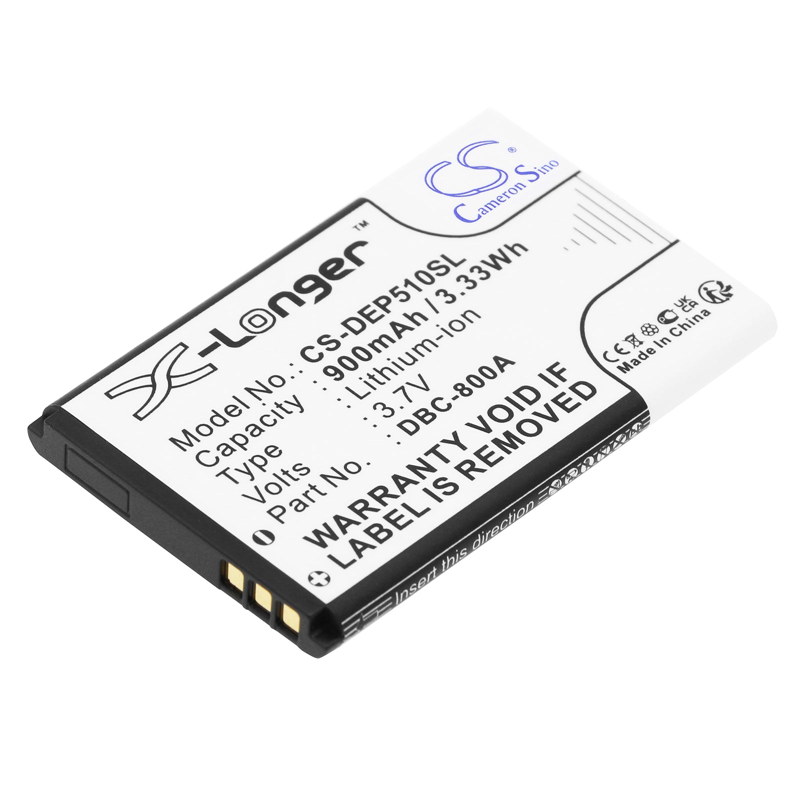 900mAh 3.7V Li-ion Battery - Bea-fon S400, Doro PhoneEasy, Tiptel Ergophone Replacement - 53x34x4.3mm